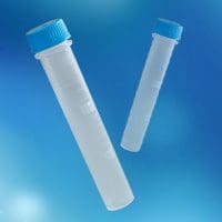 Two plastic test tubes with blue caps floating against a blue background.