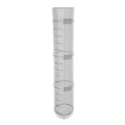 Transparent plastic graduated cylinder used for measuring liquid volumes.