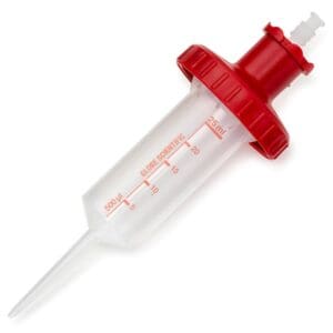 A clear plastic syringe with red stopper and measurement markings.