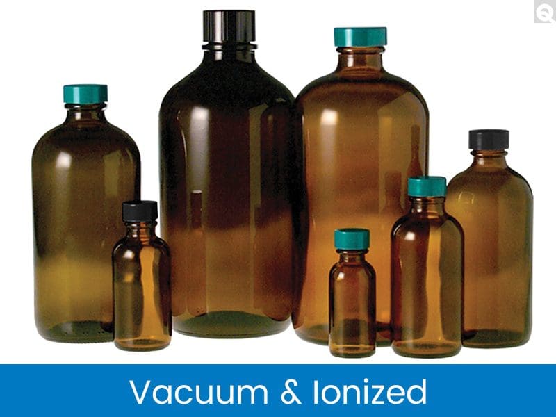 Various sizes of amber glass bottles used for vacuum and ionized storage.