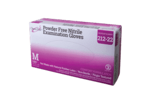 Box of powder-free nitrile examination gloves, size medium.