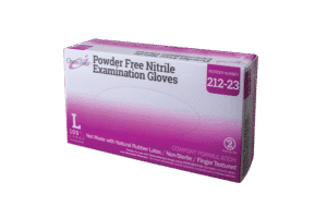 Box of large powder-free nitrile examination gloves.