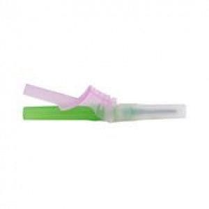 Close-up of a plastic medical device with pink and green parts.