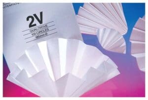 Open white booklets or brochures with a modern design on a pink and blue background.