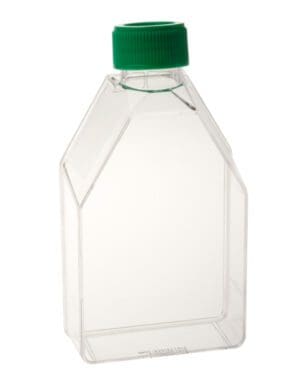 Clear plastic bottle with green cap against white background.