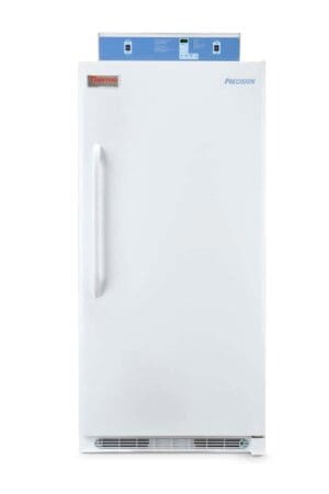 A plain white single-door refrigerator with a vertical handle.