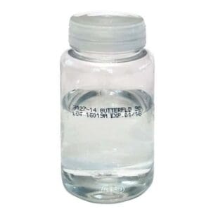A clear plastic bottle filled with transparent liquid and a white cap.