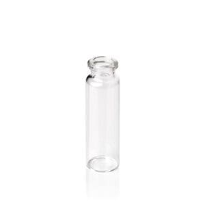 Clear glass vial with an open top against white background.