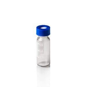 Glass microvial with graduations and blue cap