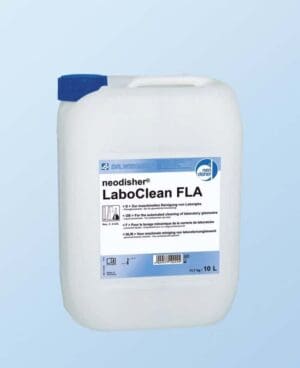 A large white container labeled LaboClean FLA cleaning product.