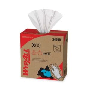 Box of WypAll X60 disposable wipes with tissues protruding.