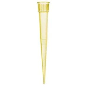 A yellow plastic pipette tip for laboratory use.