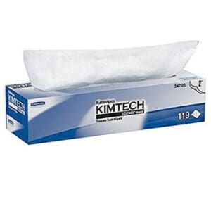 A box of Kimtech Science Kimwipes with one wipe partially pulled out.