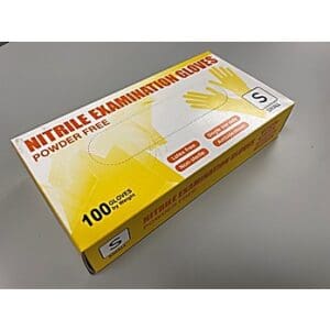 Box of 100 powder-free nitrile examination gloves, size small.