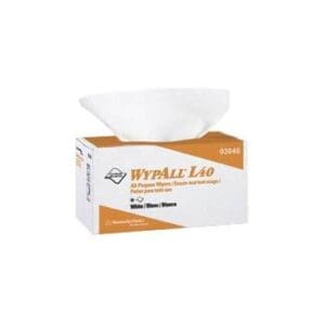 Box of Wypall L40 disposable wipes with one wipe partially pulled out.