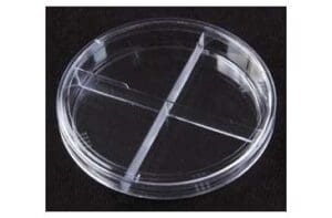 A transparent plastic divided plate with four sections.